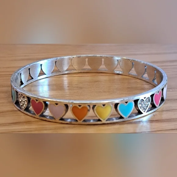 RARE Vintage Brighton Rainbow Heart Swarovski Crystal & Silver Bracelet Jewelry - Picture 2 of 4